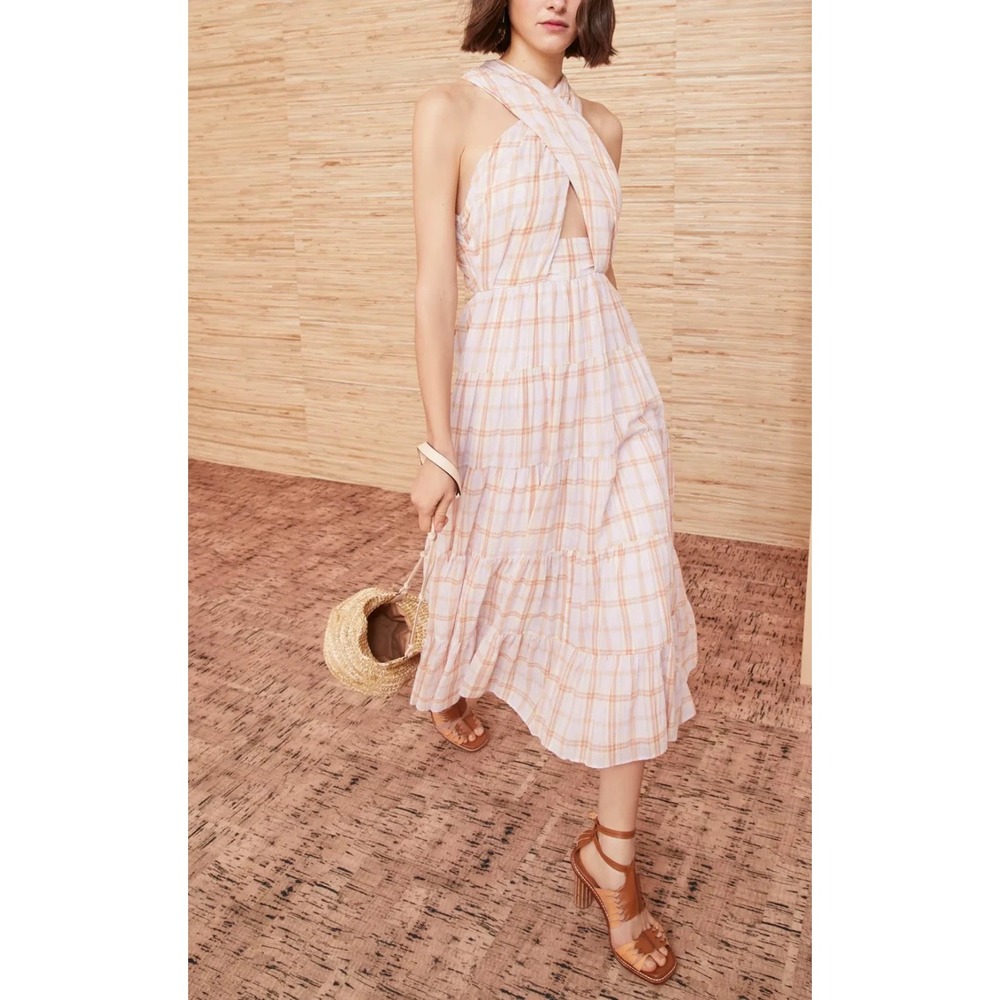 *Flaw Ulla Johnson Noelle Wrap Dress Plaid Midi Fit Flare Criss Cross Tie Size 4